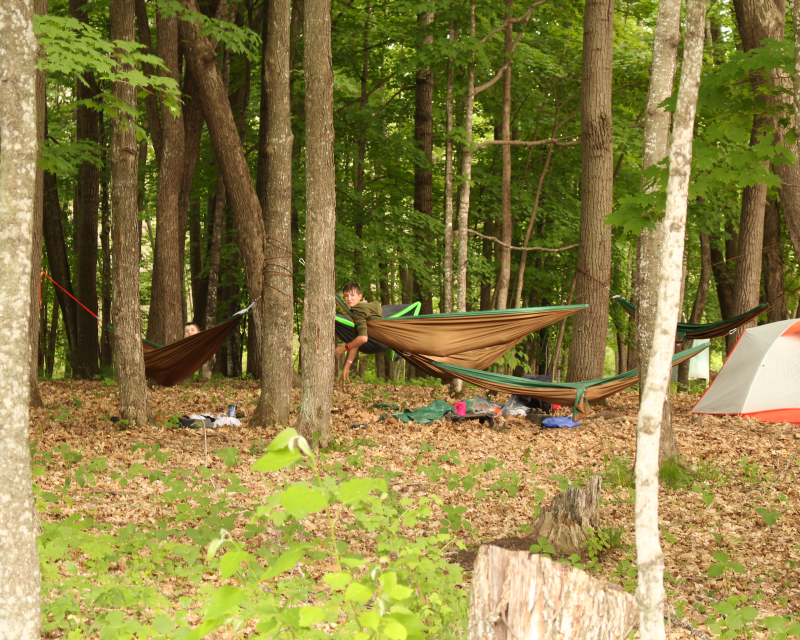 A Scout hanging out in a hammock tied between two trees